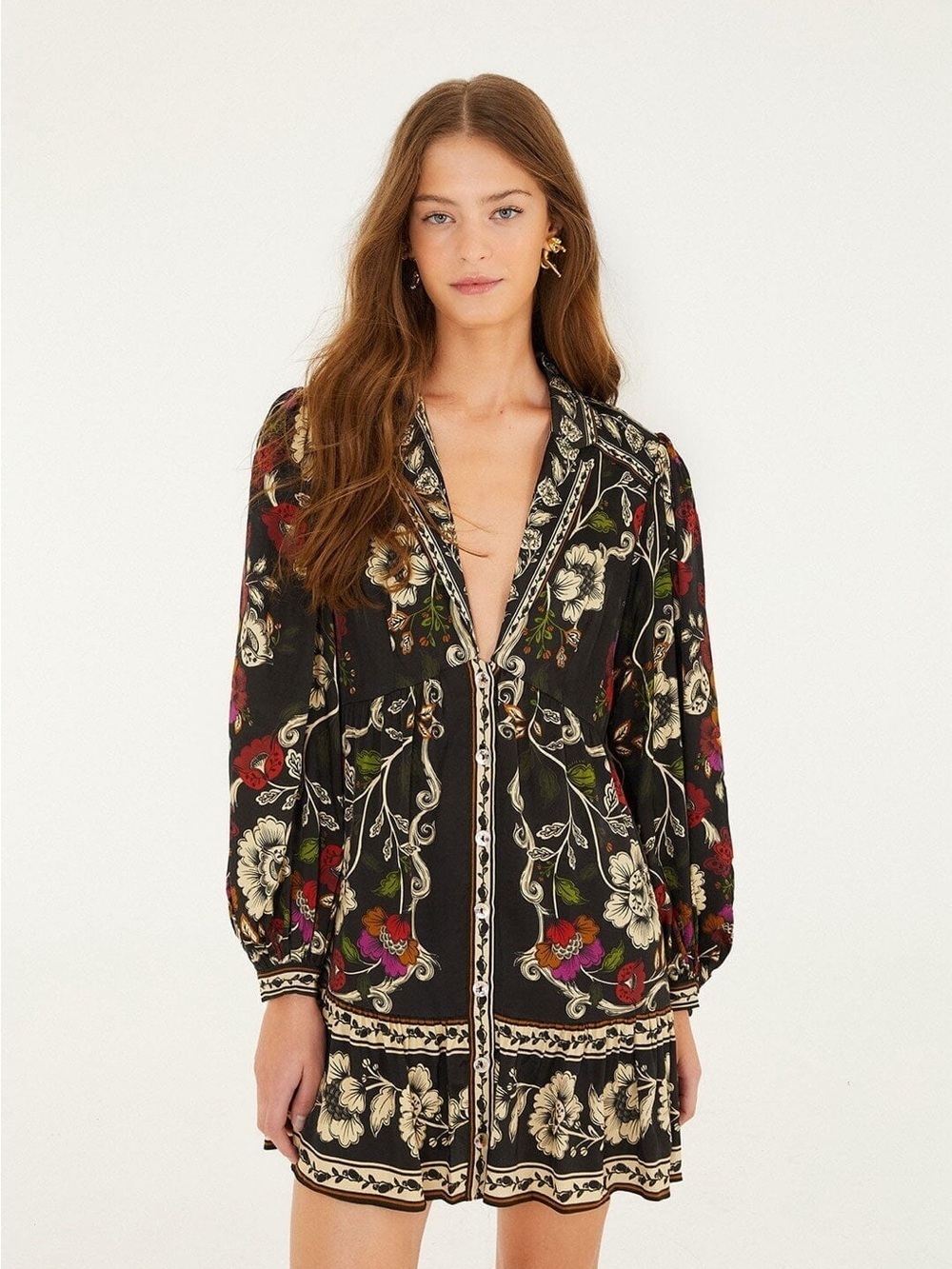 Farm Rio: Black Rococo Flowers Mini Dress - Picture 7 of 11